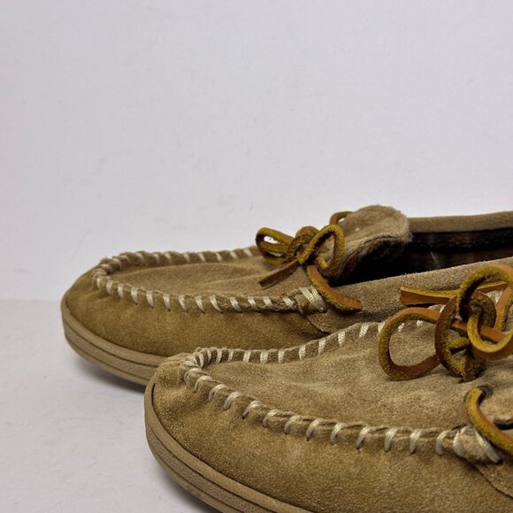 Jos A Bank Suede Moccasin Fur Plaid Lining Slipper Brown Tan Pajama Shoes Men 12 - Picture 11 of 13